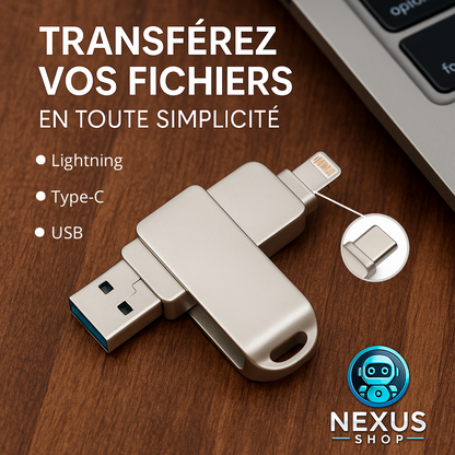 🔑 Clé USB 3-en-1 Nexus Shop – Sauvegardez, partagez et transportez vos souvenirs en toute simplicité