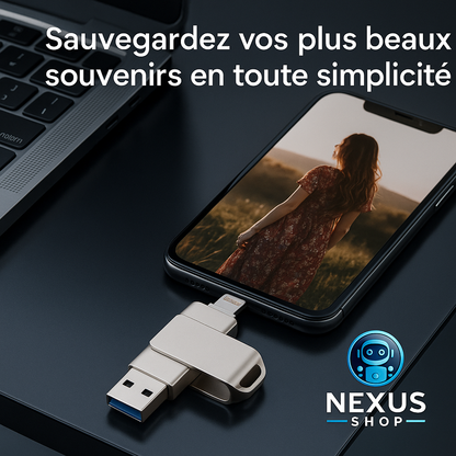 🔑 Clé USB 3-en-1 Nexus Shop – Sauvegardez, partagez et transportez vos souvenirs en toute simplicité